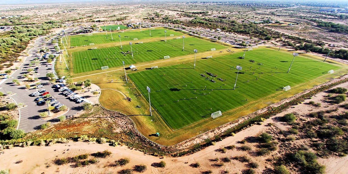 The soccer fields at Reach 11 with many on-going soccer games.