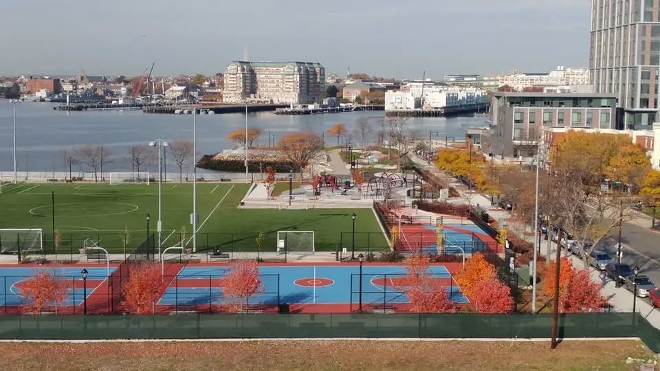 Soccer fields overlooking the harbor at LoPresti Park
