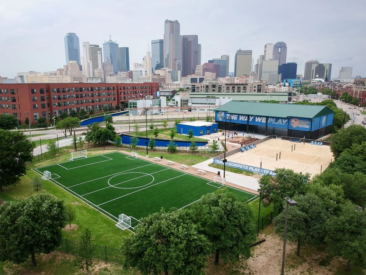 City Futsal's Dallas Farmers Market Field with a skyline view.