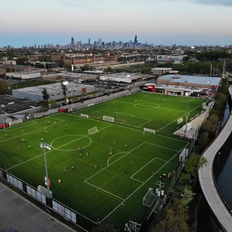 The Chicago Fire Pitch's fields with the city skyline in the background